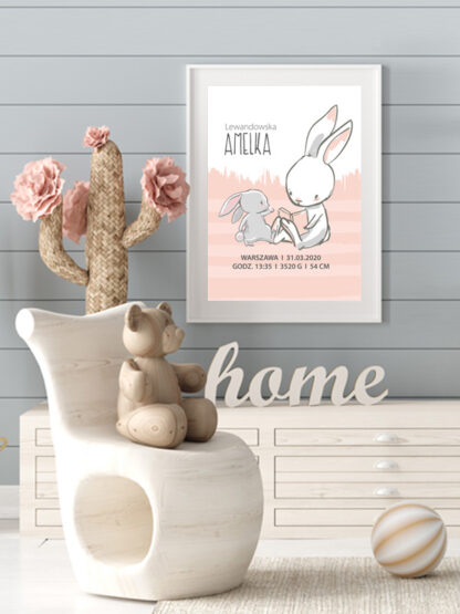 metryczka urodzeniowa dziecka królik czyta różowy