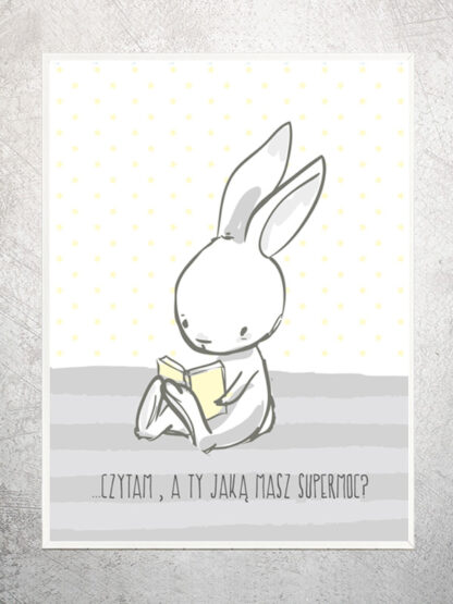 Plakat supermocny królik czyta - żółty