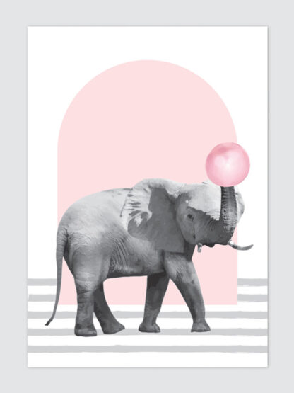 plakat na ścianę - słoń z różowym balonem