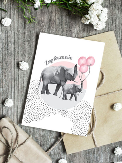 zaproszenie składane na urodziny dziecka - balonowe słonie w kropki różowe